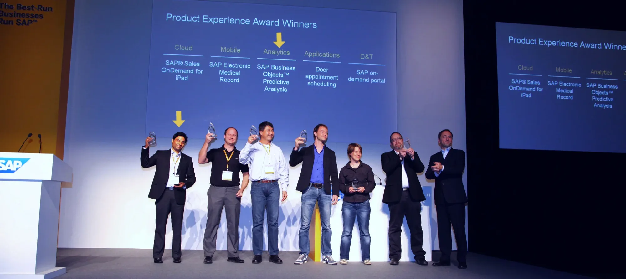 Sujit Ray receiving the SAP Product Experience Award for Analytics on stage